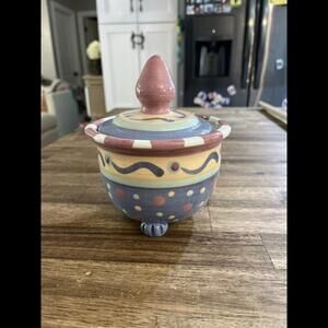Vintage Colorful Studio Pottery Trinket Dish Candy Bowl Butter Dish Hand Painted